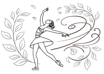 Elegant Ballerina Dancing Gracefully Surrounded by Flowing Floral Vines in a Minimalist Line Art Style