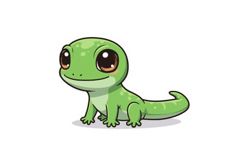 A green cartoon lizard with big brown eyes and a curved tail sits