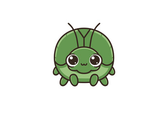 A green round cartoon insect with big eyes a small smile and antennae