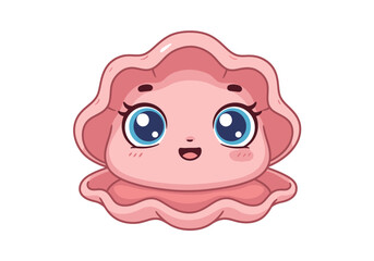 A pink cartoon clam with big blue eyes and a cute smile
