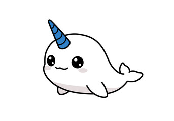 A white cartoon narwhal with a blue horn and black outlined features