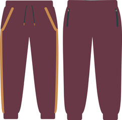 Maroon jogger pants front and back view, zip pockets and drawstring waistband, casual stylish comfortable fashion apparel clothing illustration template