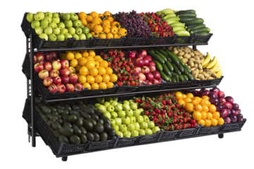 Fresh fruits and vegetables displayed on a three tiered stand.