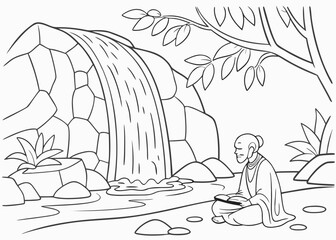 Monk Meditating by Waterfall in Nature Scene Coloring Page for Relaxation and Mindfulnessf