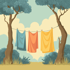 Colorful laundry hanging on clothesline between trees in natural outdoor setting, flat vector illustration