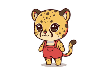 Animated cheetah cub wears red overalls standing on a shadow