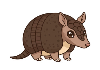 Armadillo cartoon with brown shell and big eyes stands on white