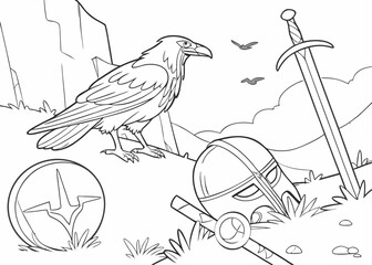 Viking Coloring Page with Raven Sword Helmet and Symbol in a Landscape Scene