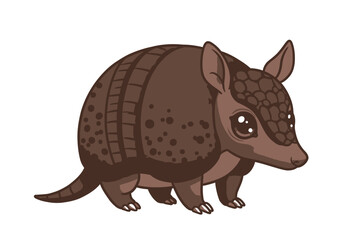 Cartoon armadillo with brown shell spots segmented armor  large shiny eyes stands against a white background