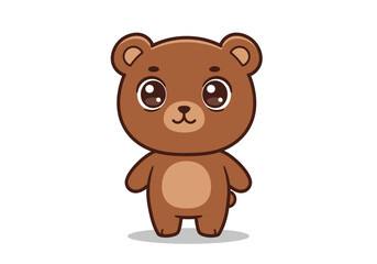 Cartoon bear with big eyes small nose brown fur standing on a white background