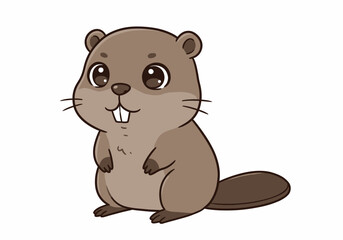 Cartoon beaver with big eyes and buck teeth standing against a white background