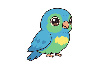 Cartoon bird blue  green plumage black outlines big eyes stands on tiny feet