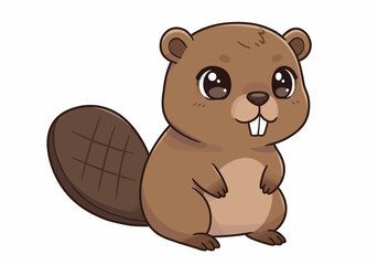 Cartoon beaver with large eyes buck teeth and a flat tail sits on a white background