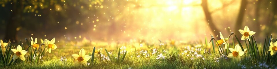 Spring meadow bathed in golden sunlight.  Yellow daffodils and other small white flowers in a grassy field, dappled light filtering through trees