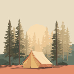 Vector illustration of camping tent in pine forest with soft sunlight and peaceful outdoor atmosphere