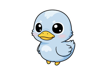 Cartoon blue duckling with big eyes yellow beak and pink cheeks