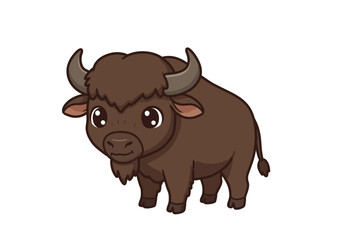 Cartoon buffalo with brown fur small tail and horns isolated on white
