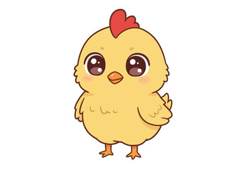 Cartoon chick with large eyes red comb and orange beak stands against a white background
