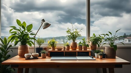 Scenic Home Office Setup with Plants and Dual Laptops – Modern Indoor Workspace Design