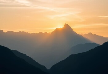 Sunrise paints soft light on majestic mountain peaks, creating a serene landscape view,  vista,  golden hour