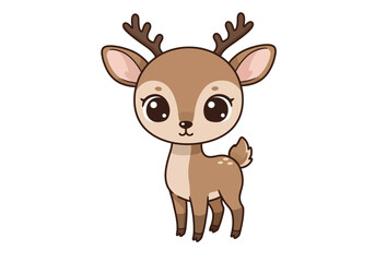 Cartoon fawn with brown fur large eyes small antlers and a fluffy tail stands against a white backdrop