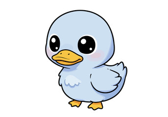 Cartoon duckling with big eyes a yellow beak and a blue body standing on a white background