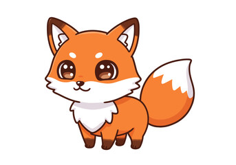 Cartoon fox stands with orange fur white markings and large shiny eyes