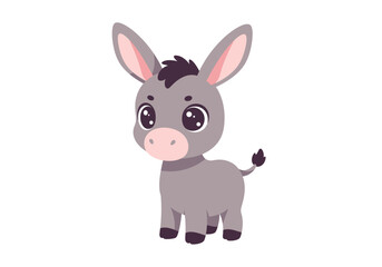 Cartoon donkey with big eyes gray fur pink nose and long ears stands on a white background