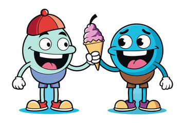 Happy Ice Cream Sharing: Two cheerful cartoon characters share a delicious ice cream cone, symbolizing friendship and joyful moments.