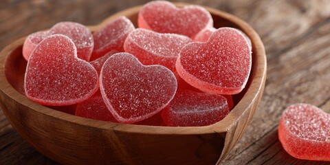 Heart-shaped candies in a wooden bowl