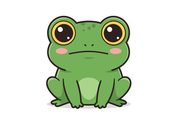 Cartoon frog with large yellow eyes pink cheeks and a glum expression