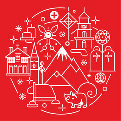 Minimalist line art collection of iconic swiss symbols in national colors