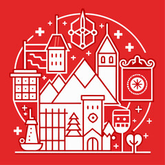 Fototapeta premium Minimalist line art collection of swiss cultural icons and national symbols