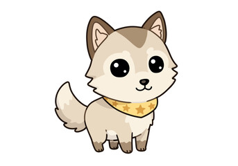 Cartoon husky puppy with big eyes and a gold bandana with stars on a white background