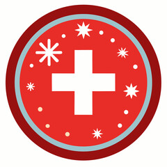 Circular emblem featuring a swiss cross with festive fireworks