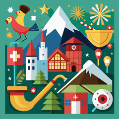 Swiss alpine collage featuring alphorn cow and chalet in traditional style