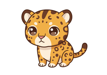 Cartoon jaguar cub with yellow fur brown spots and big eyes sits against a white background