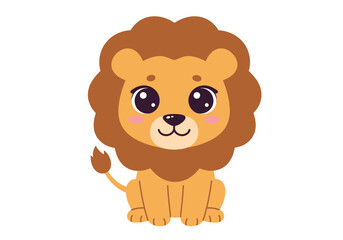 Cartoon lion with brown mane sits looking forward with large eyes on a white background