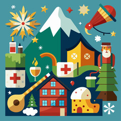 Obraz premium Swiss mountain traditions collage featuring alphorn cow and chalet