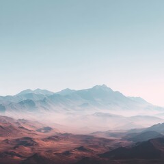 Obraz premium Misty, muted-toned mountain range at dawn or dusk, with hazy valleys and a soft, pale sky