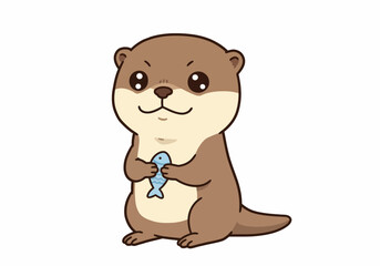 Cartoon otter holds a blue fish brown fur light beige belly large black eyes and a dark outline