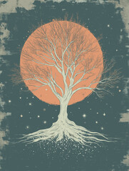 Mystical illustration of bare tree with roots against orange moon and starry night sky in vintage textured style