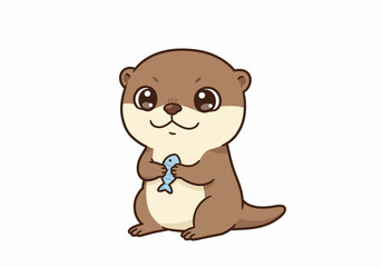 Cartoon otter holds a blue fish sitting upright against a white backdrop