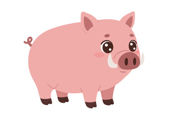 Cartoon pig pink with a curly tail and tusks stands against a white background