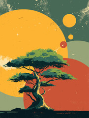 Stylized tree illustration with abstract colorful geometric circles in retro vintage textured design