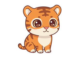 Cartoon tiger cub orange fur stripes big eyes sitting small ears pink nose white chest tail curled white background
