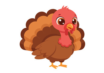 Cartoon turkey with brown feathers orange beak and red wattle against a white background