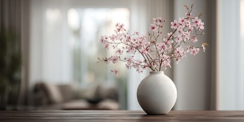 Delicate pink blossoms in a simple, round white vase rest on a dark wood surface against a blurred, bright interior background