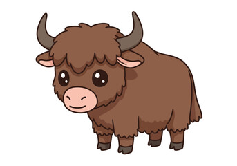 Cartoon yak with big eyes brown fur small pink ears and short gray horns