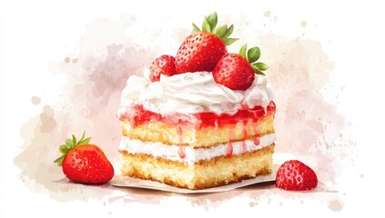 Watercolor illustration of a strawberry cake slice.  